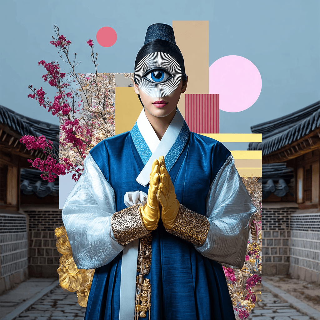 Person in Hanbok with traditional Korean alley collage